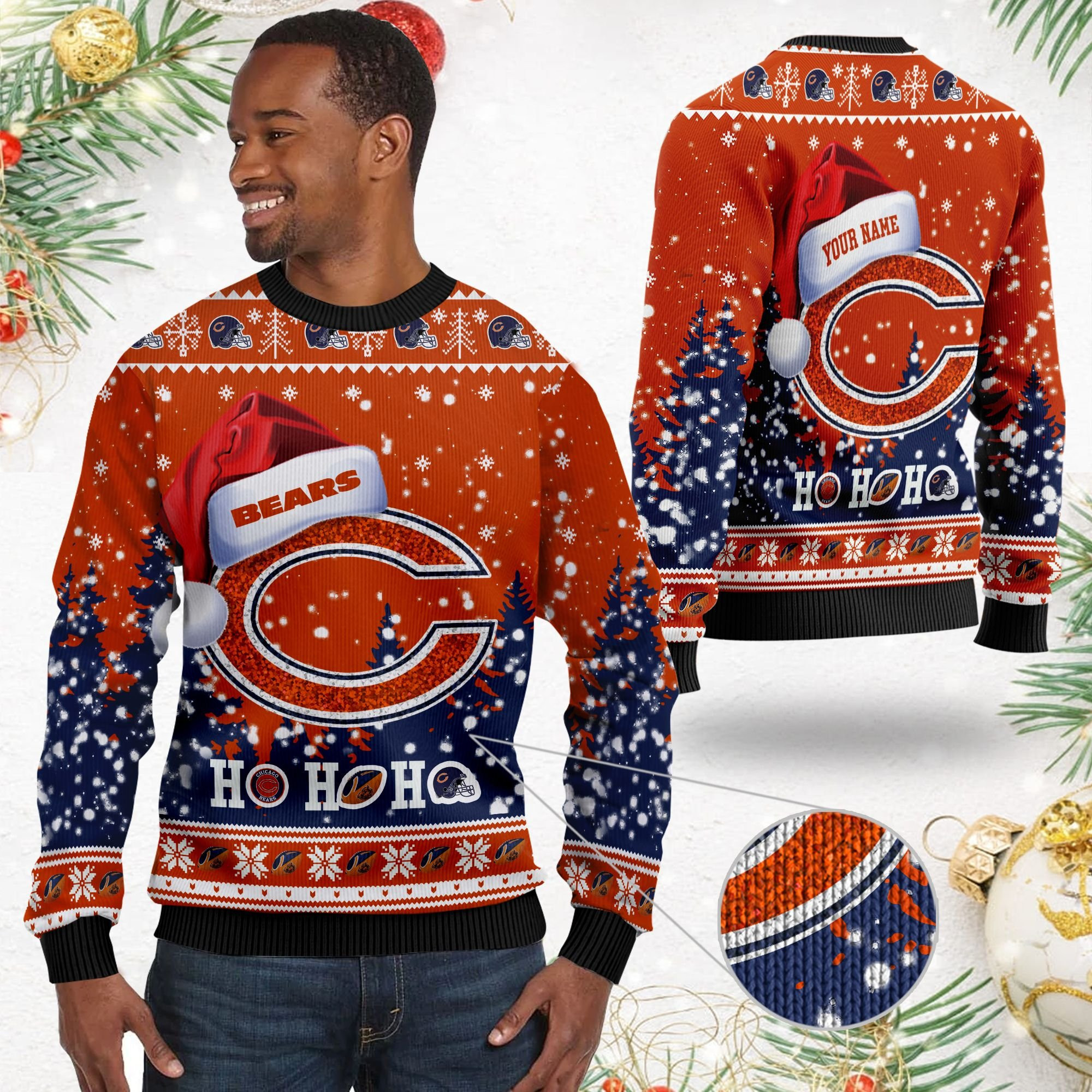 Chicago Bears Symbol Wearing Santa Claus Hat Ho Ho Ho Custom Personalized Ugly Christmas Sweater Adult 3D Funny Matching for family - Image 2