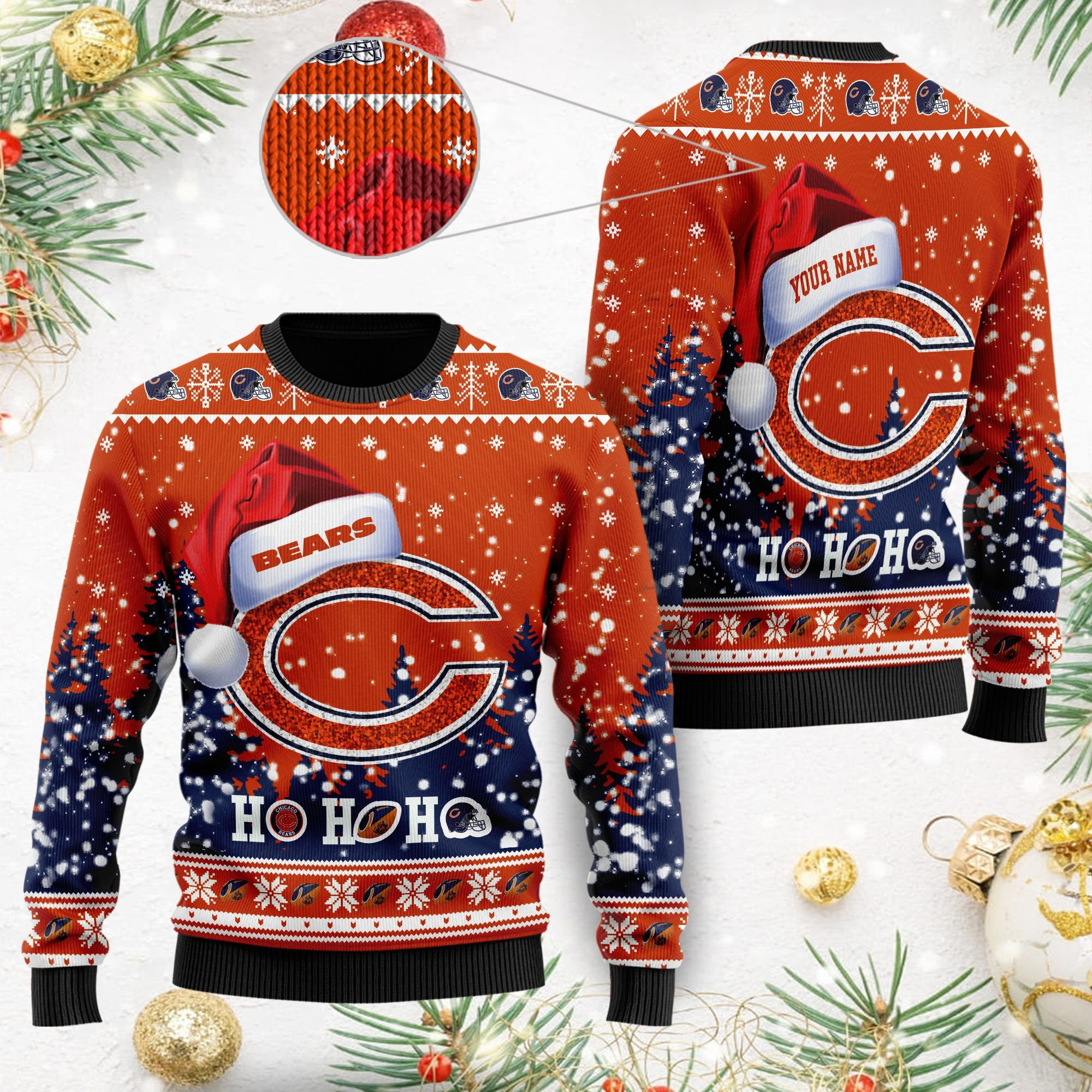 Chicago Bears Symbol Wearing Santa Claus Hat Ho Ho Ho Custom Personalized Ugly Christmas Sweater Adult 3D Funny Matching for family