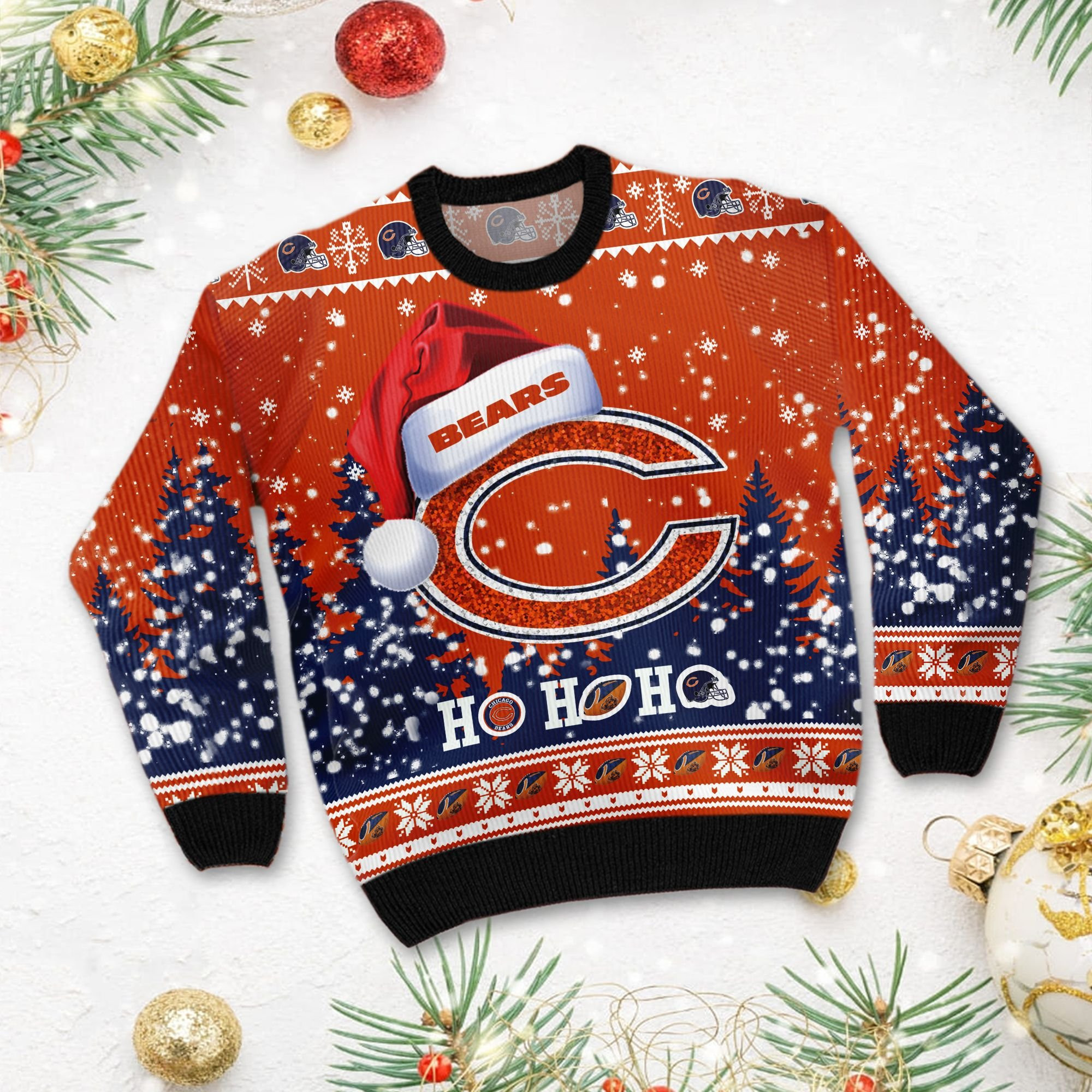 Chicago Bears Symbol Wearing Santa Claus Hat Ho Ho Ho Custom Personalized Ugly Christmas Sweater Adult 3D Funny Matching for family - Image 3