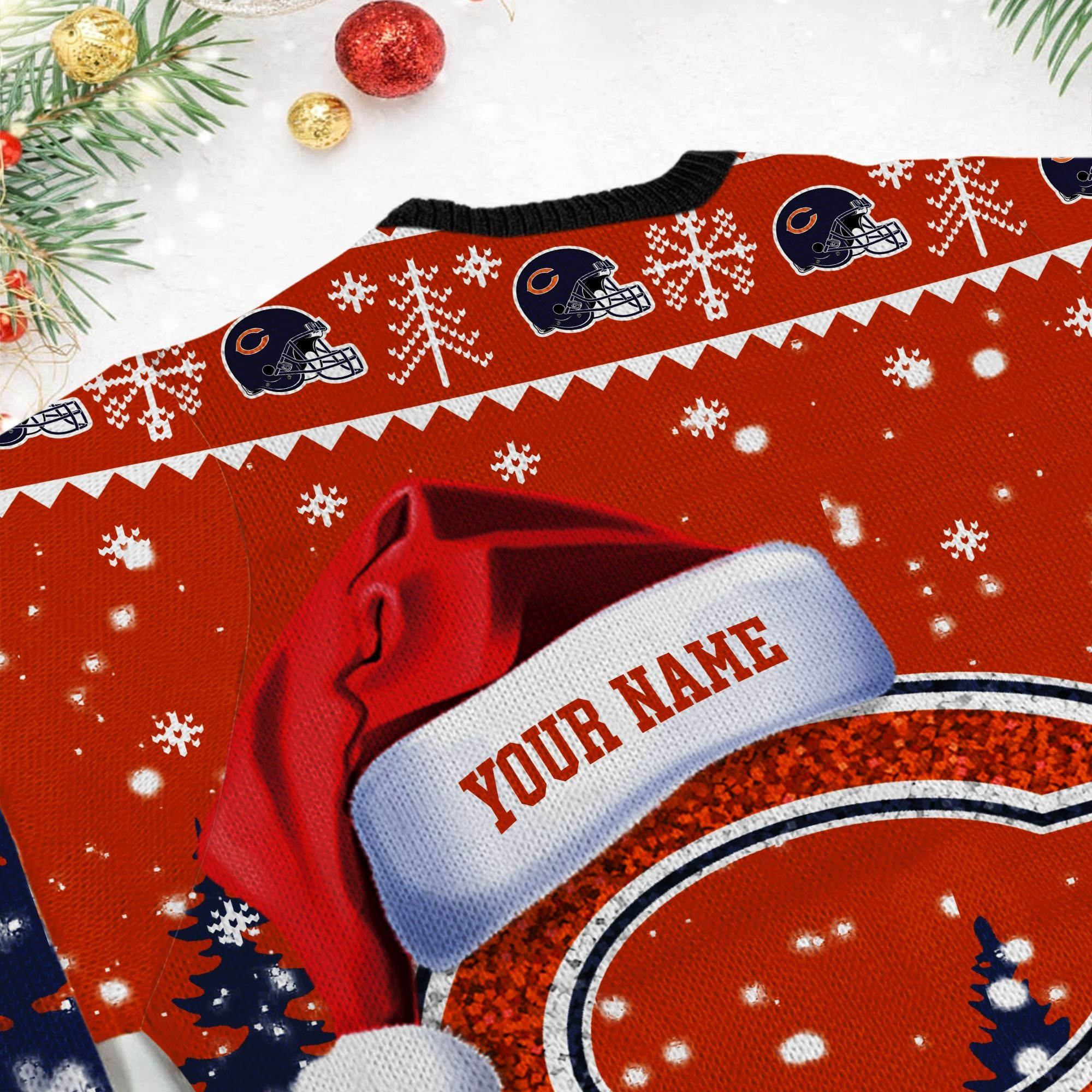 Chicago Bears Symbol Wearing Santa Claus Hat Ho Ho Ho Custom Personalized Ugly Christmas Sweater Adult 3D Funny Matching for family - Image 6