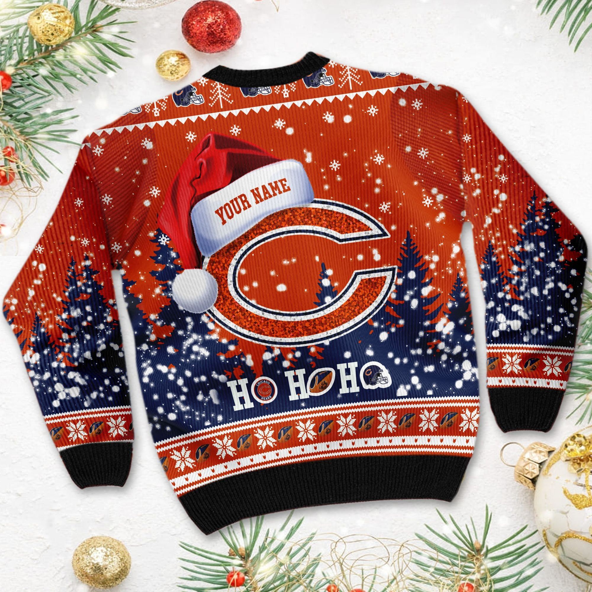 Chicago Bears Symbol Wearing Santa Claus Hat Ho Ho Ho Custom Personalized Ugly Christmas Sweater Adult 3D Funny Matching for family - Image 4