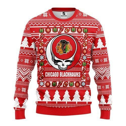 Chicago Blackhawks Grateful Dead For Unisex Ugly Christmas Sweater Adult 3D Funny Matching for family