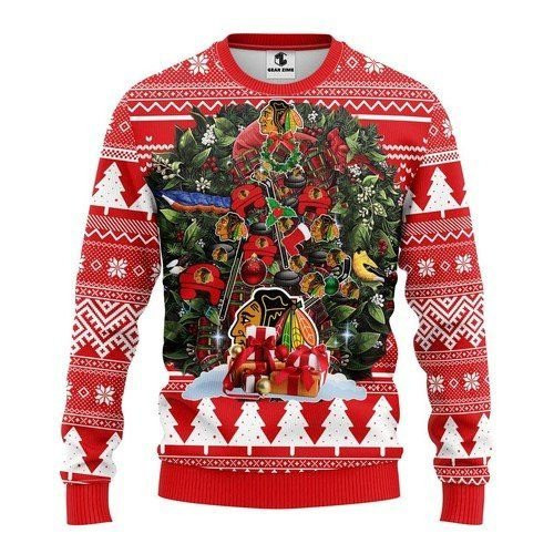 Chicago Blackhawks Tree For Unisex Ugly Christmas Sweater Adult 3D Funny Matching for family