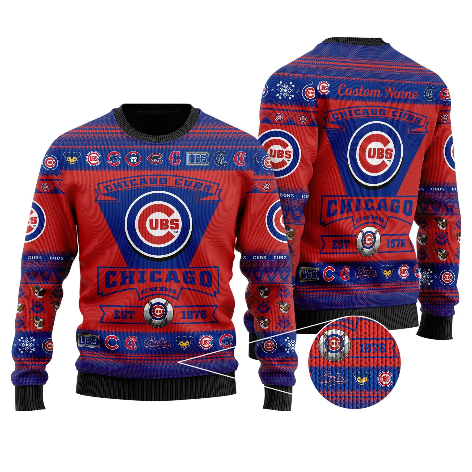 Chicago Cubs Football Team Logo Custom Name Personalized Ugly Christmas Sweater Adult 3D Funny Matching for family