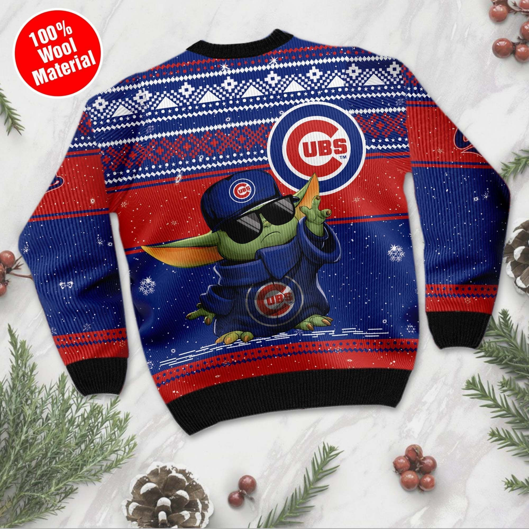 Chicago Cubs Grogu Baby Yoda Hug Logo Ugly Christmas Sweater Adult 3D Funny Matching for family - Image 5