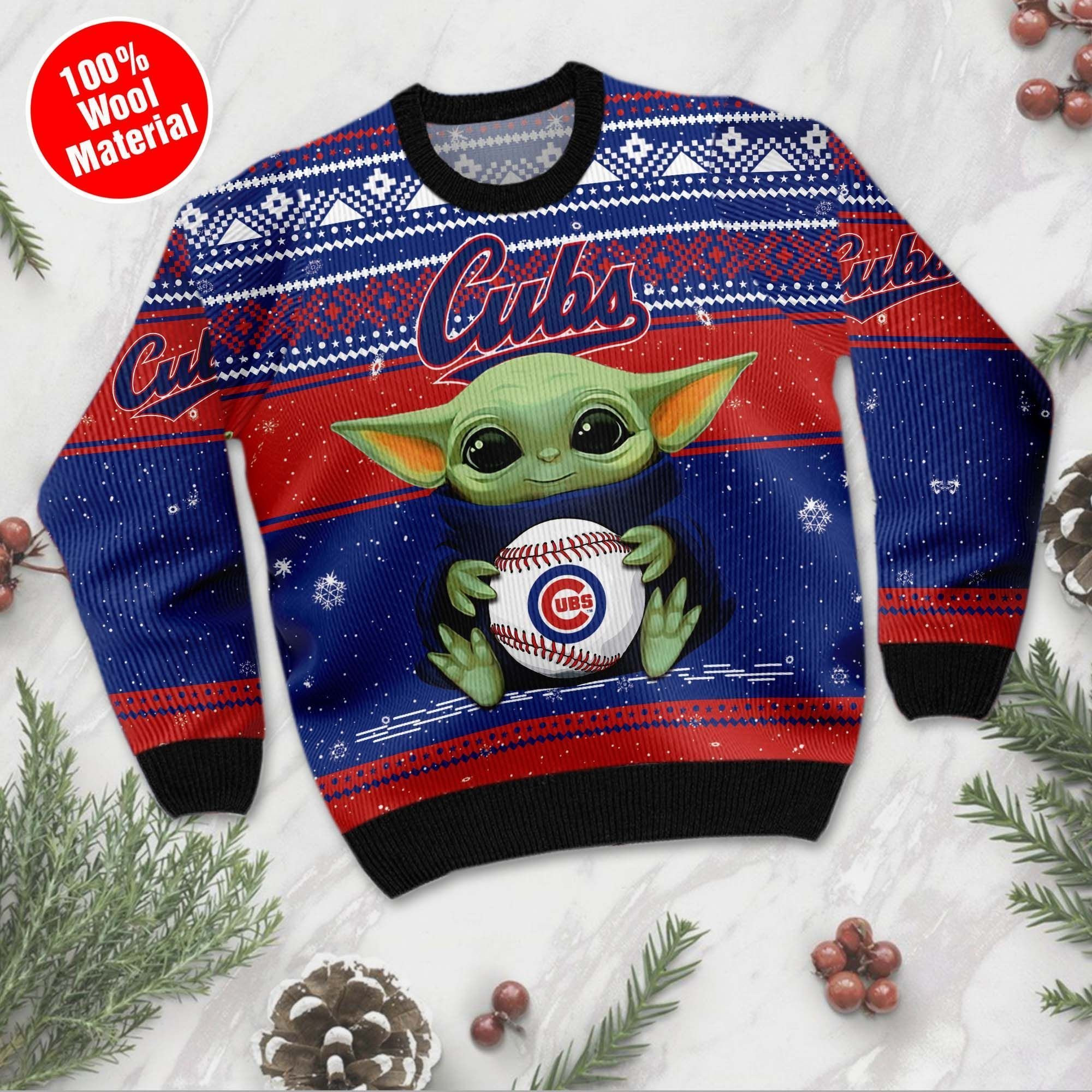 Chicago Cubs Grogu Baby Yoda Hug Logo Ugly Christmas Sweater Adult 3D Funny Matching for family - Image 4