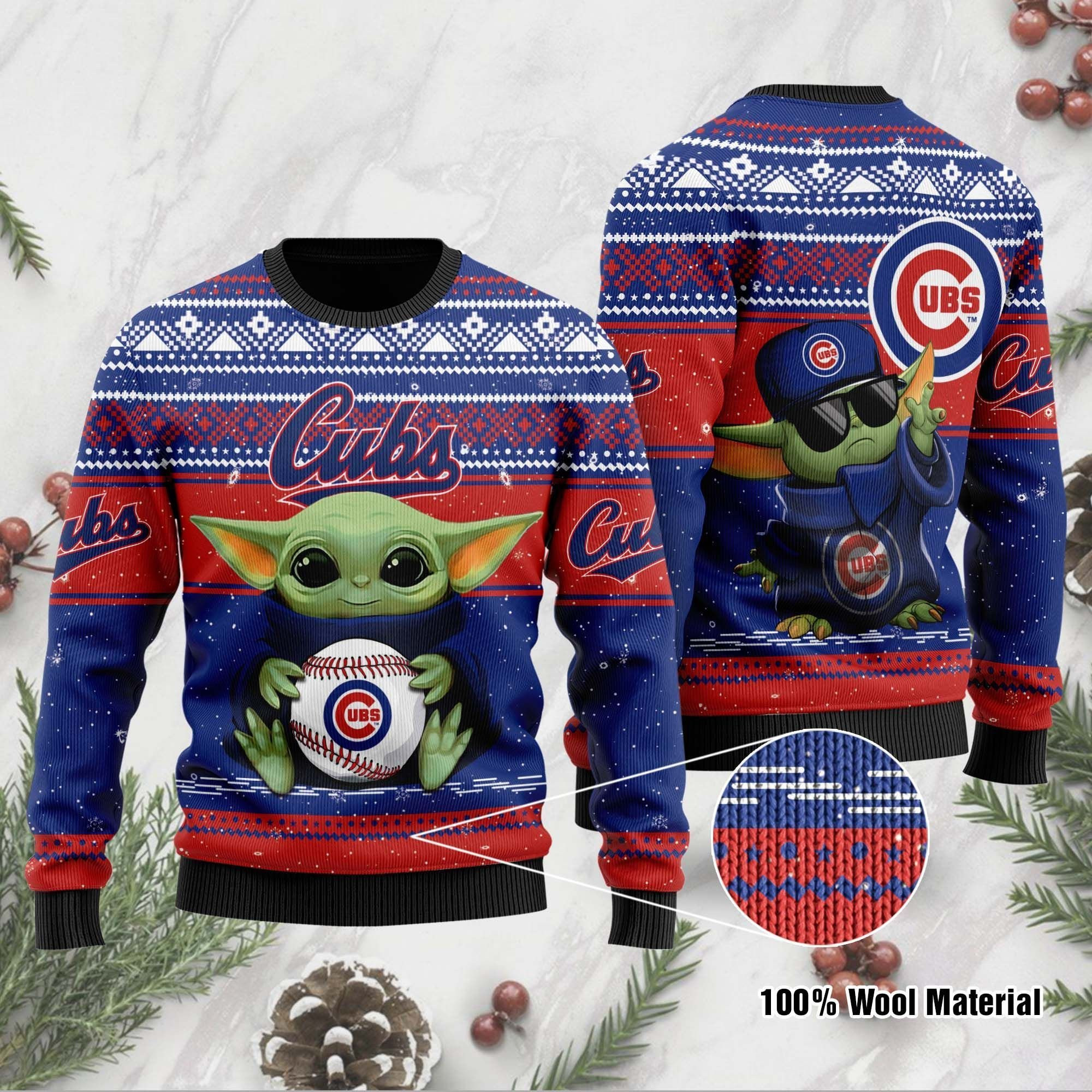 Chicago Cubs Grogu Baby Yoda Hug Logo Ugly Christmas Sweater Adult 3D Funny Matching for family