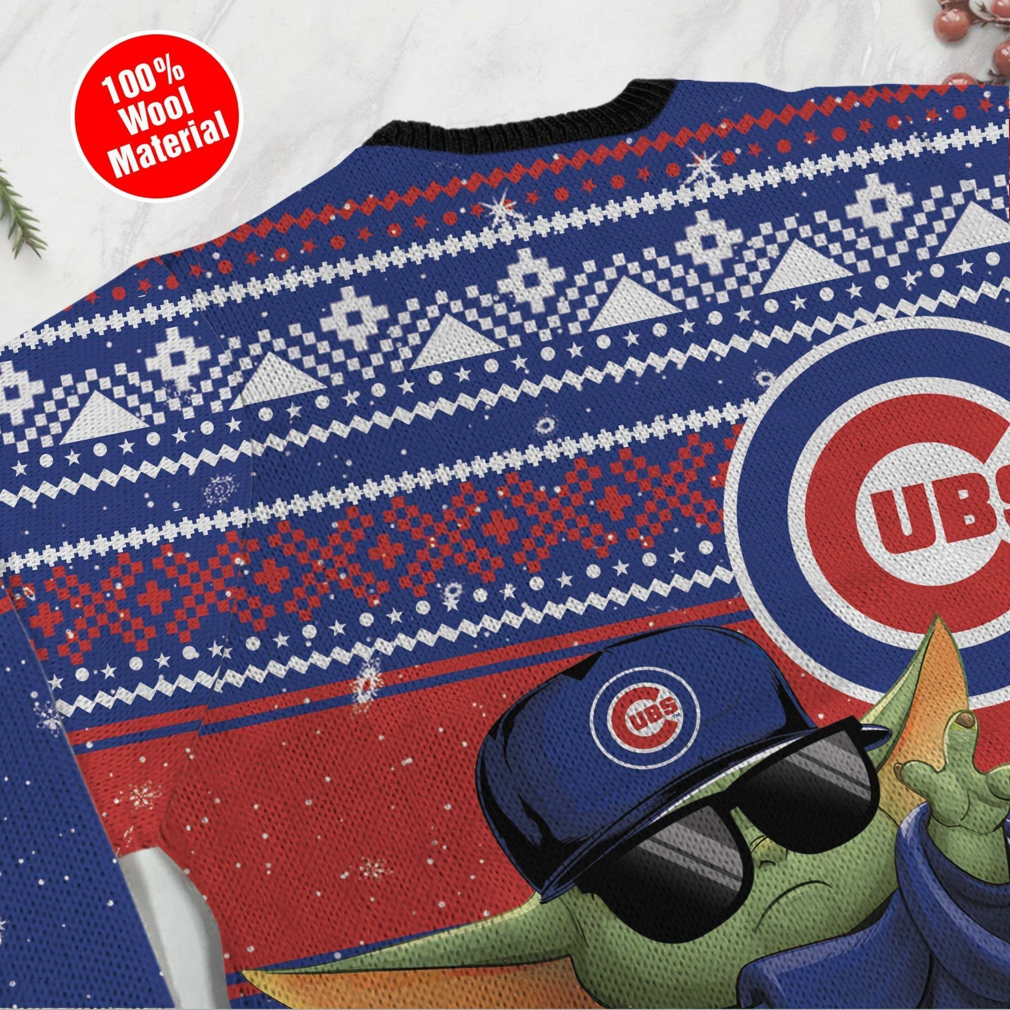 Chicago Cubs Grogu Baby Yoda Hug Logo Ugly Christmas Sweater Adult 3D Funny Matching for family - Image 3