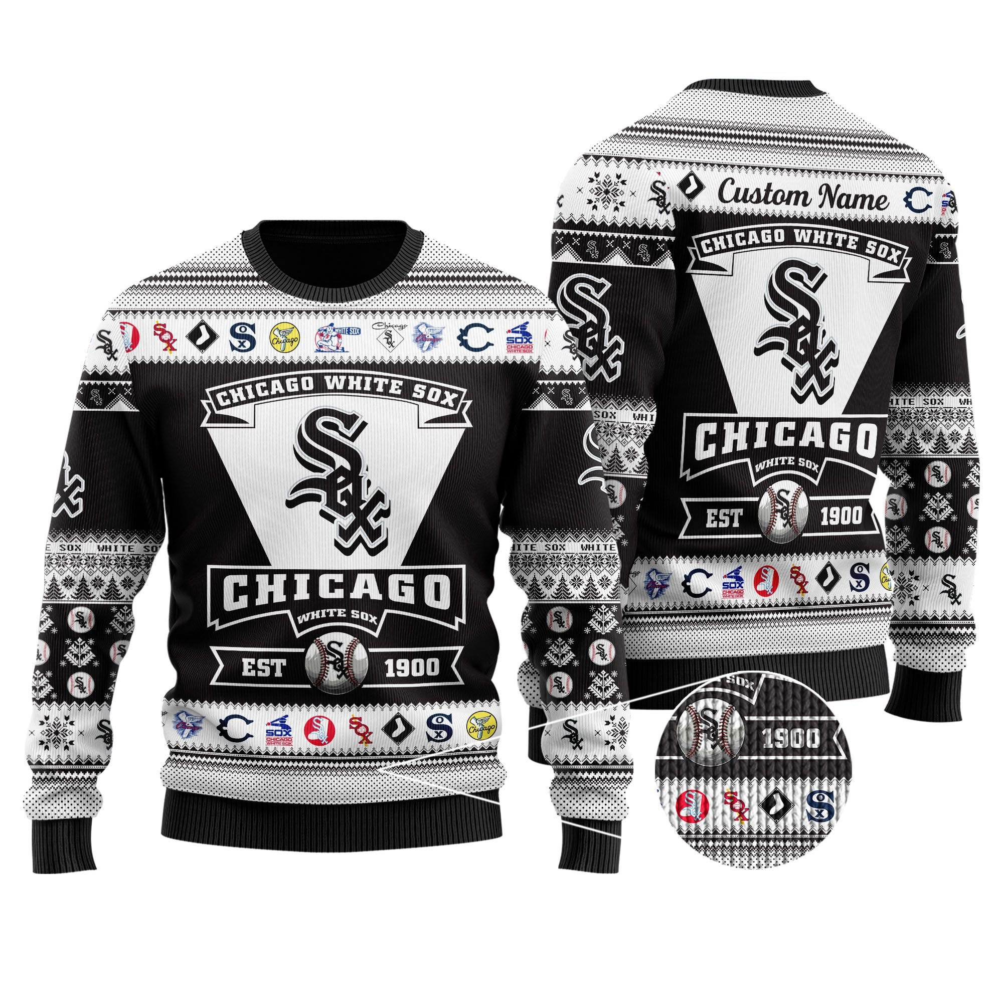 Chicago White Sox Football Team Logo Custom Name Personalized Ugly Christmas Sweater Adult 3D Funny Matching for family