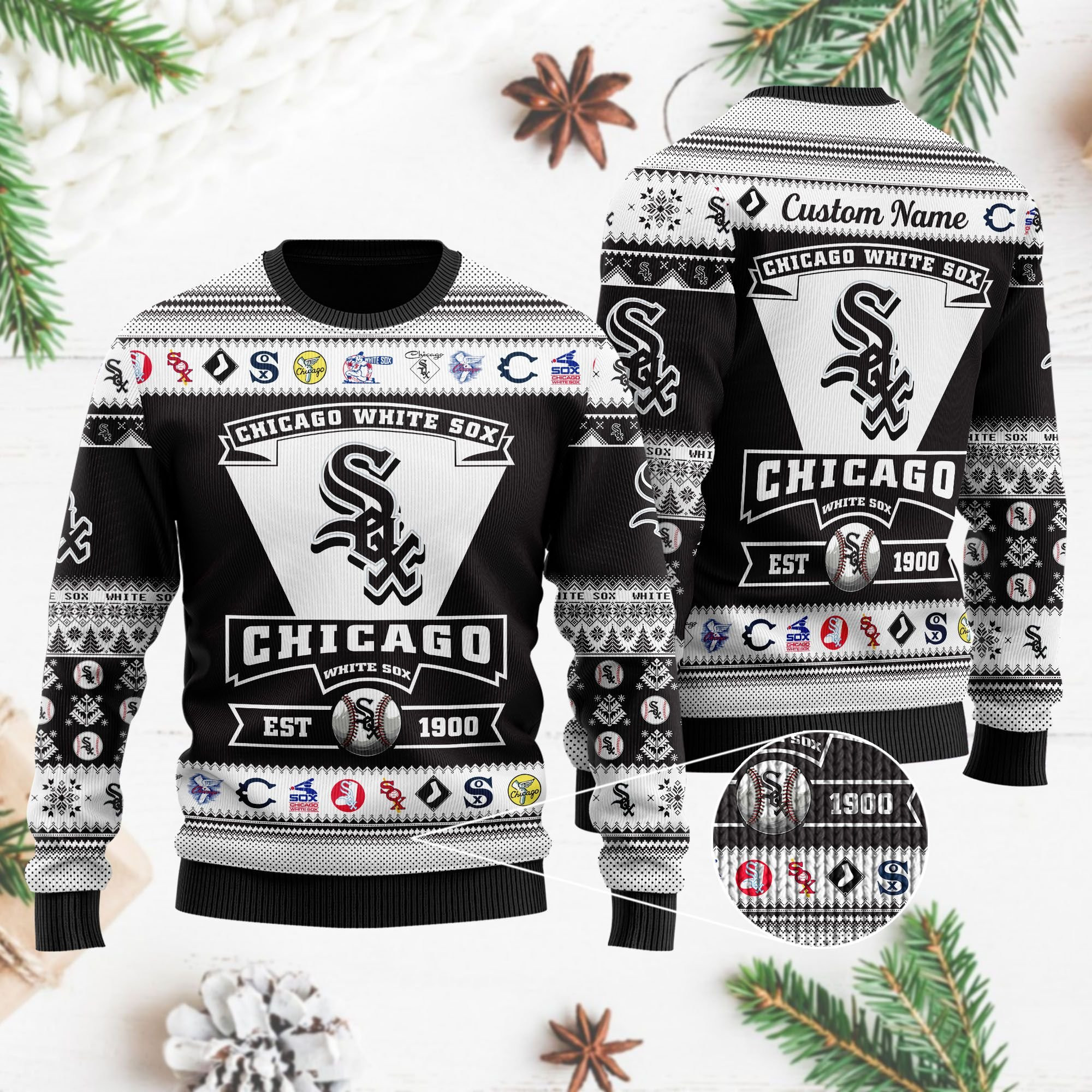 Chicago White Sox Football Team Logo Custom Name Personalized Ugly Christmas Sweater Adult 3D Funny Matching for family - Image 4