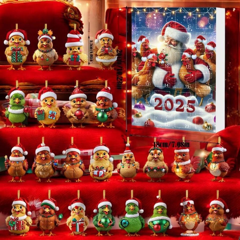 Chicken Christmas Advent Calendar 24 Acrylic Ornaments