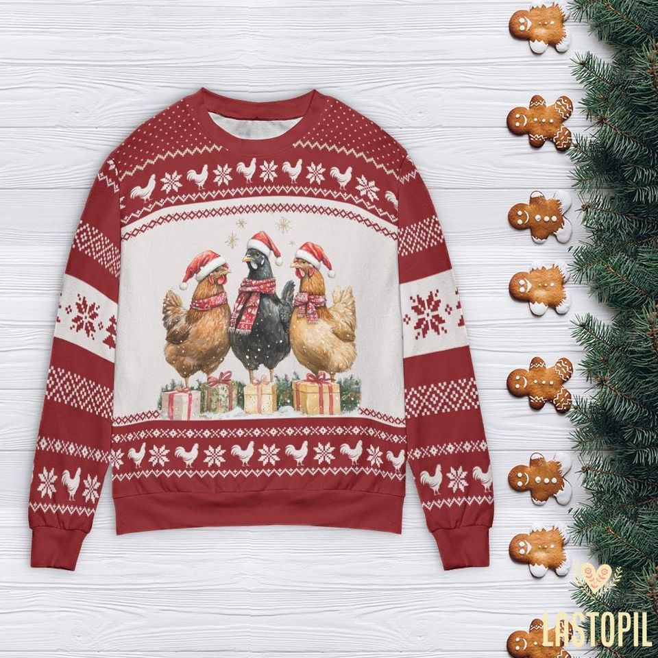 Chicken Christmas Coquette Ugly Christmas, Sweater Chicken Christmas Ugly Sweatshirt - Image 5
