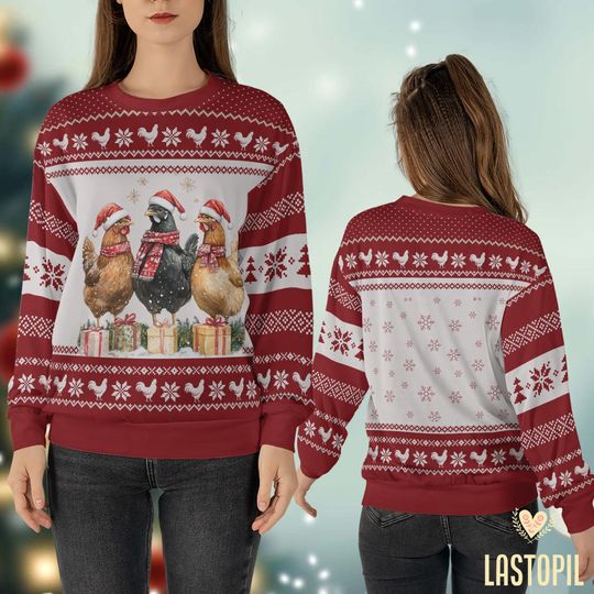Chicken Christmas Coquette Ugly Christmas, Sweater Chicken Christmas Ugly Sweatshirt - Image 12