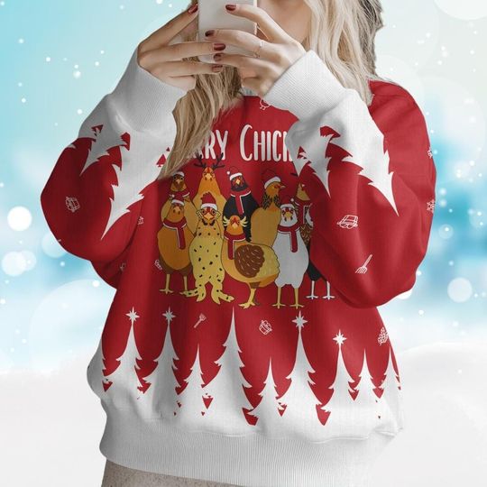 Chicken Christmas Ugly Sweater, Merry Chickmas Ugly Sweater, Farm Animal Sweatshirt, Santa Chicken Sweater - Image 13