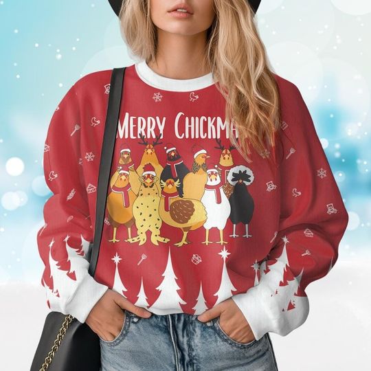 Chicken Christmas Ugly Sweater, Merry Chickmas Ugly Sweater, Farm Animal Sweatshirt, Santa Chicken Sweater - Image 12
