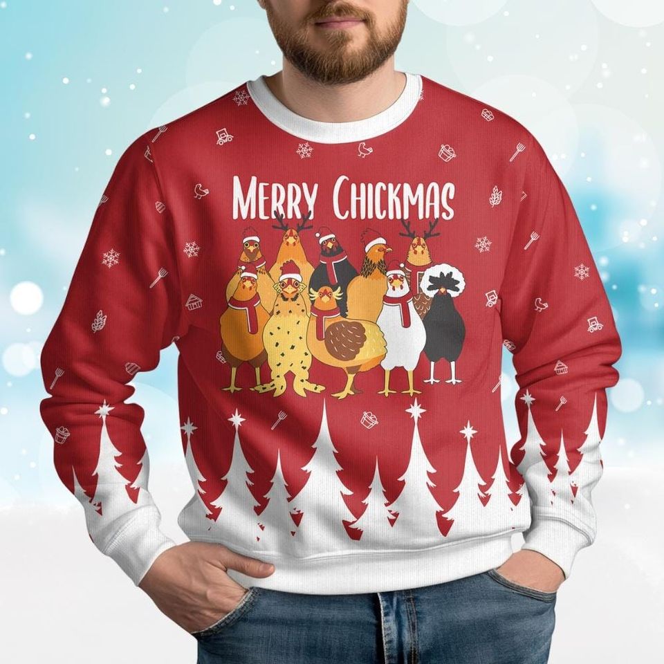 Chicken Christmas Ugly Sweater, Merry Chickmas Ugly Sweater, Farm Animal Sweatshirt, Santa Chicken Sweater - Image 3