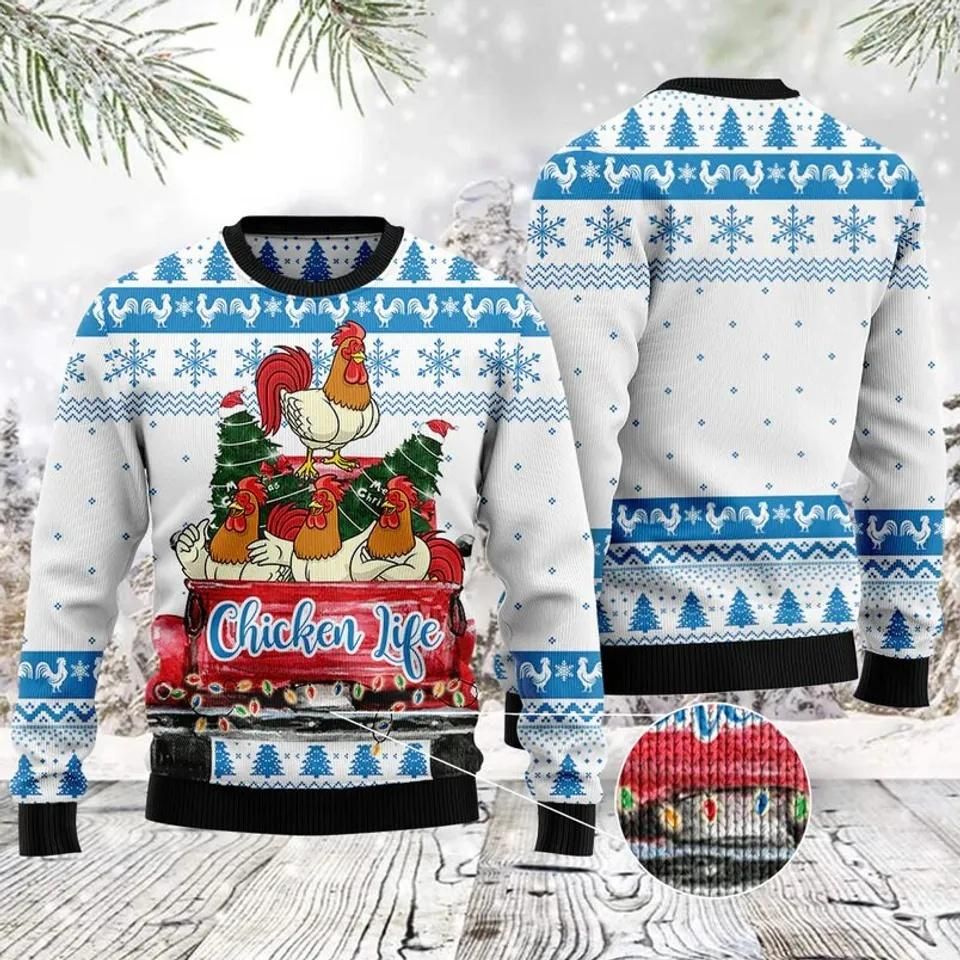 Chicken Life Christmas Tree Ugly Sweater, Funny Rooster Ugly Christmas Sweater