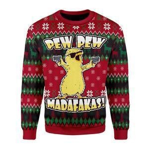 Chicken Pew Pew Madafakas Funny Chicken Gangster Meme Ugly Christmas Sweater Adult 3D Funny Matching for family