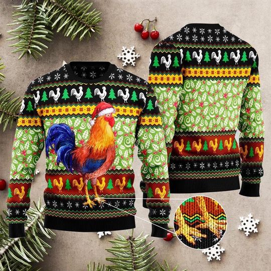 Chicken Santa Hat Ugly Sweater, Merry Chicmas Sweater, Funny Rooster Ugly Christmas Sweater - Image 7