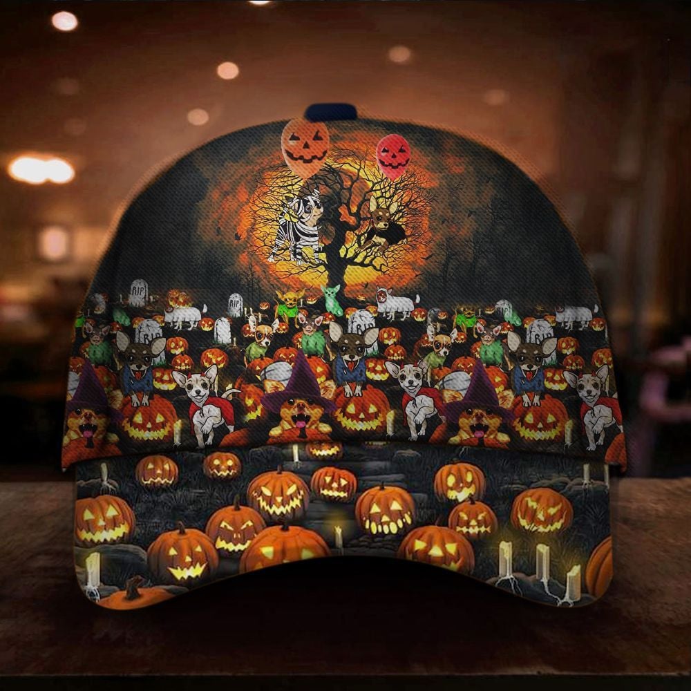 Chihuahua Pumpkin Halloween Hat Unique Halloween Themed Merch Gift Ideas Trucker Hats Custom Hats Gifts For Men & Women
