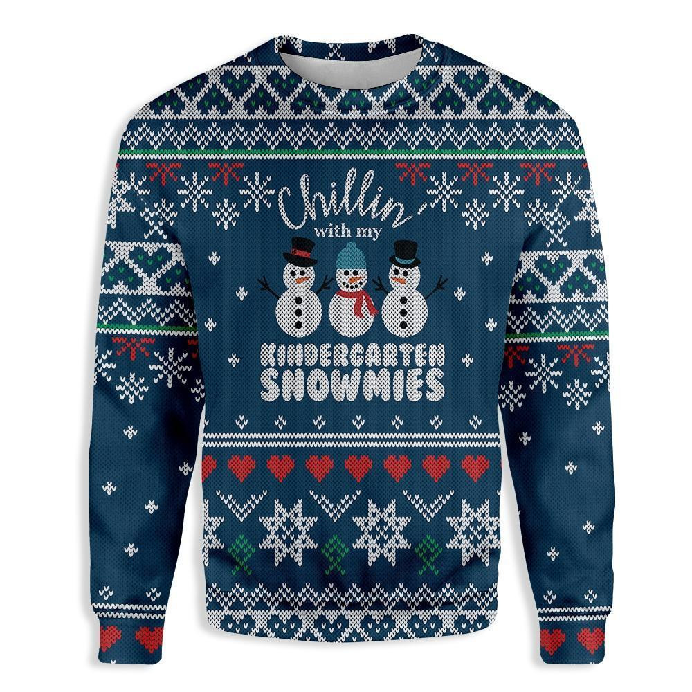 Chillin With My Kindergarten Snowmies Teacher Ugly Christmas Sweater Adult 3D Funny Matching for family