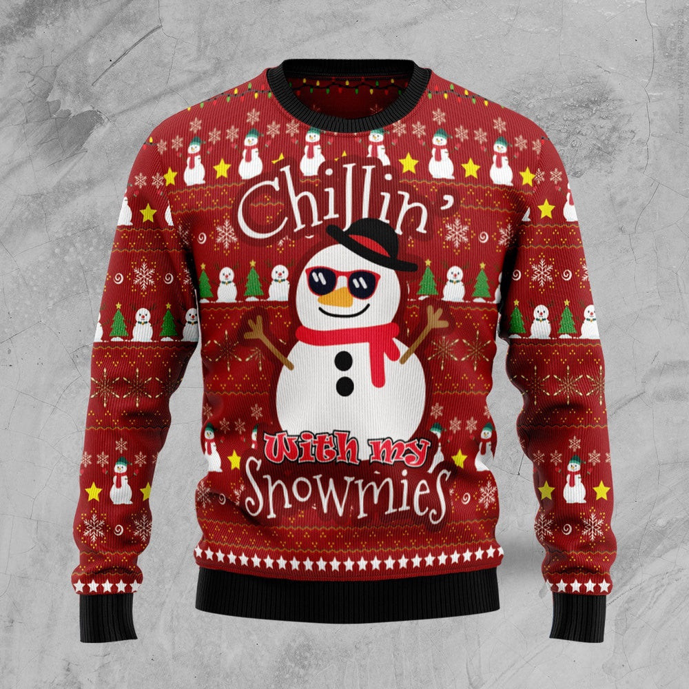 Chillin With My Snowmies Ugly Christmas Sweater Unisex Womens Mens Couples Matching Friends Funny Family Sweater Gifts