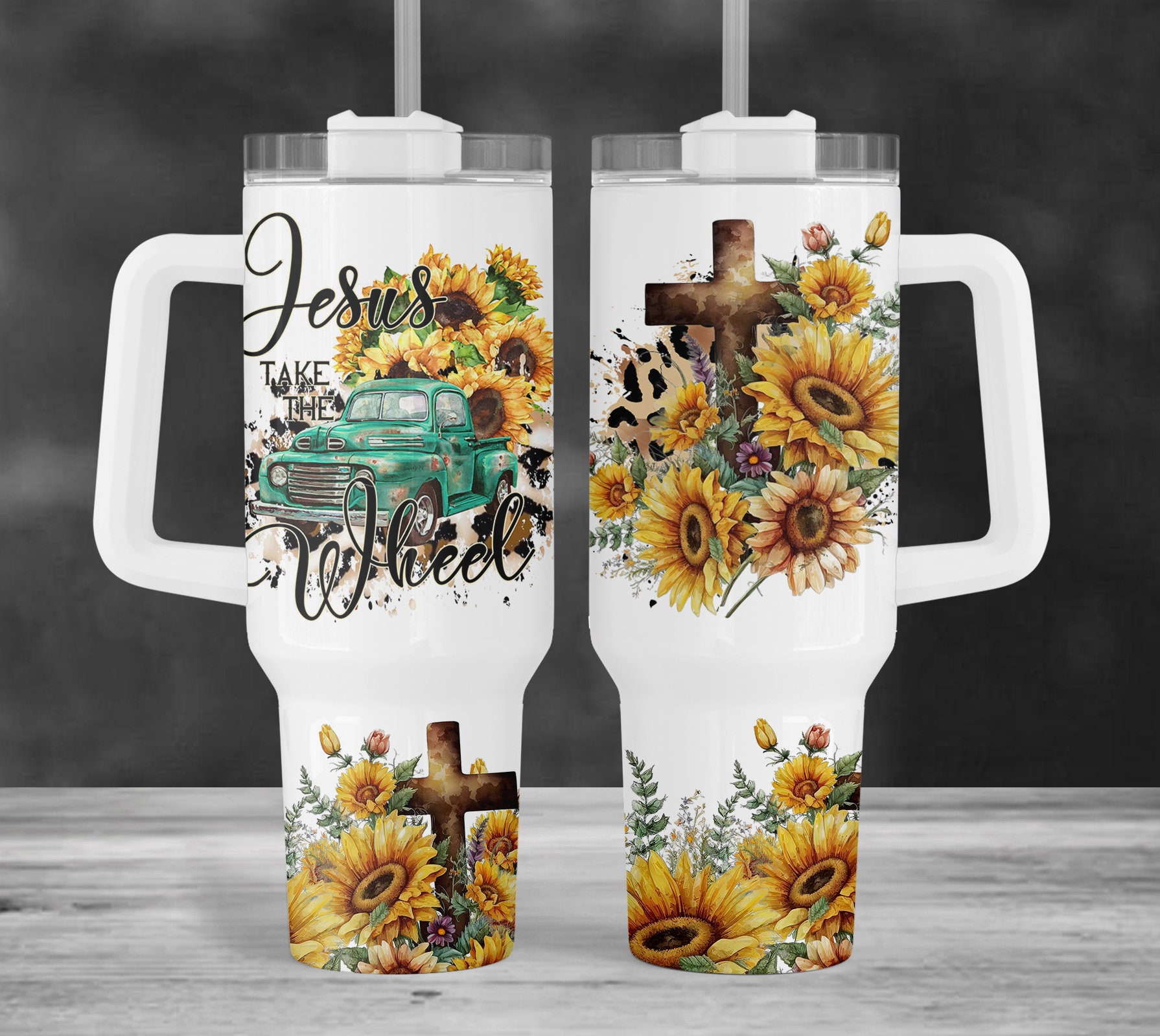 Christian Faith Teal Truck Sunflower Cross Custom Stanley Cup 40 oz 30 oz Tumbler With HandleTVC2301958