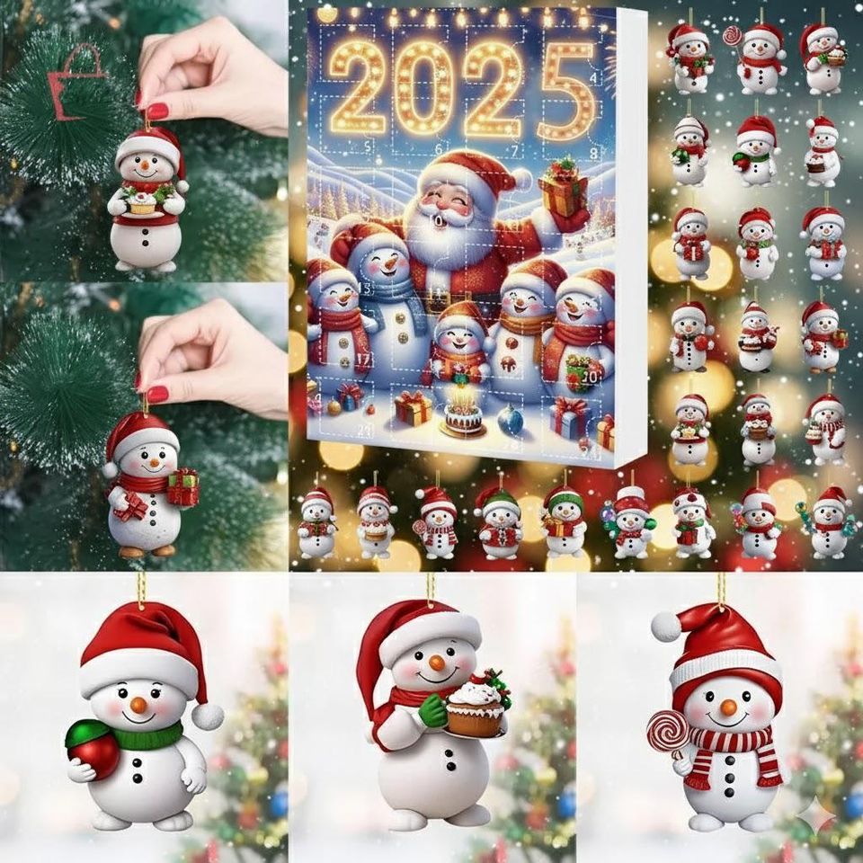 Christmas Advent Calendar Snowman & Santa Acrylic 2D Ornaments Set