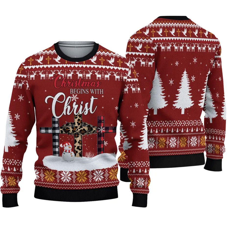 Christmas Begin With Christian Ugly Christmas Sweater Lightweight Jesus Gift