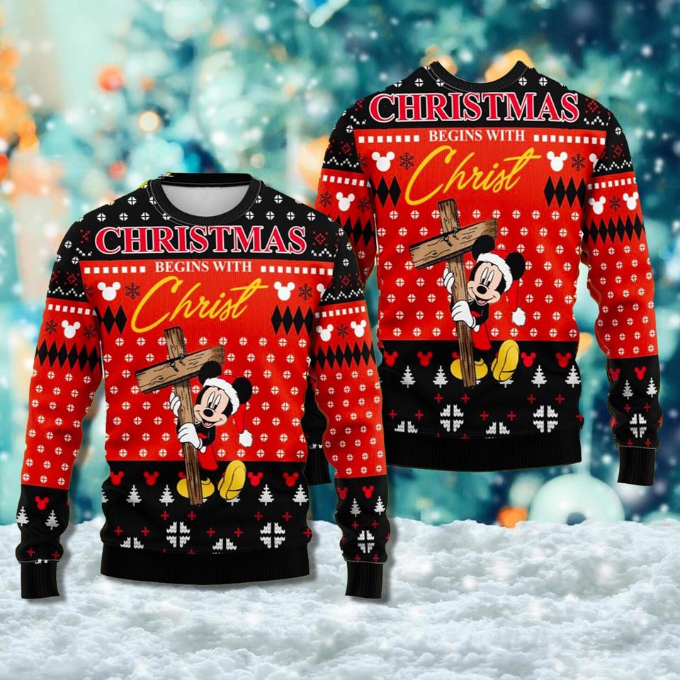 Christmas Begins With Christ 3D Ugly Christmas Sweater, Mice Christ Mouse Xmas Sweater