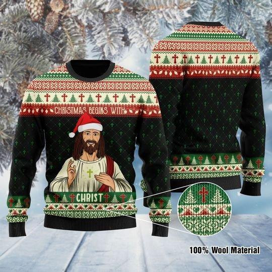 Christmas Begins With Christ Jesus Ugly Christmas Sweater Adult 3D Funny Matching for family