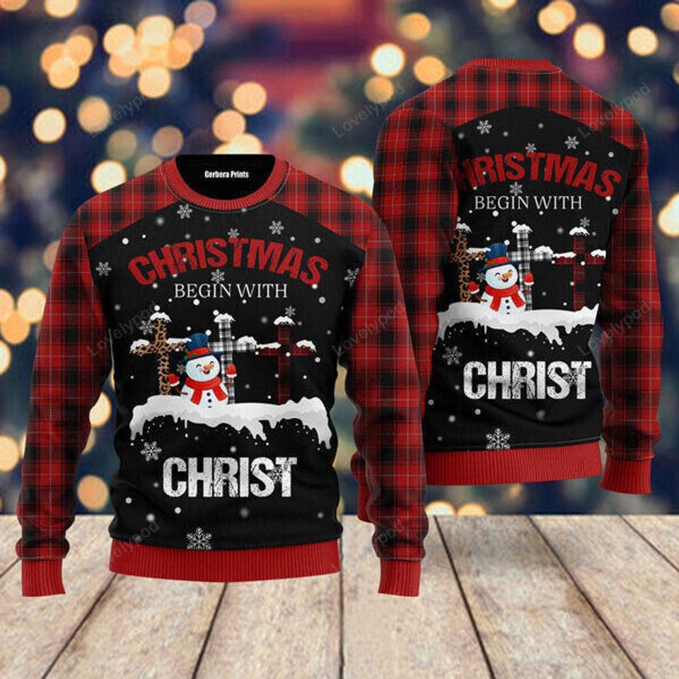 Christmas Begins With Christ Snowman And Cross Ugly Christmas Sweater, Jesus Sweater