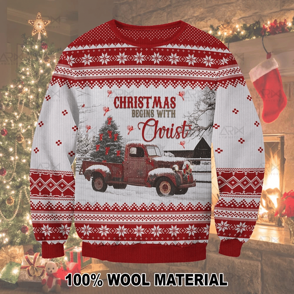 Christmas Begins With Christ Ugly Christmas Sweater Adult 3D Funny Matching for family