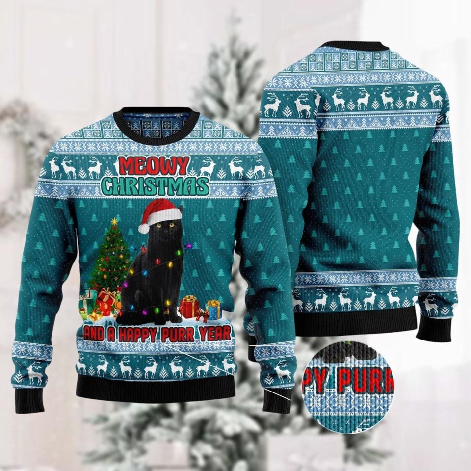 Christmas Black Cat And Santa Hat Ugly Sweater, Meowy Ugly Christmas Sweater, Family Sweater