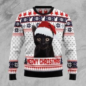 Christmas Black Cat Meowy Christmas Ugly Christmas Sweater Adult 3D Funny Matching for family
