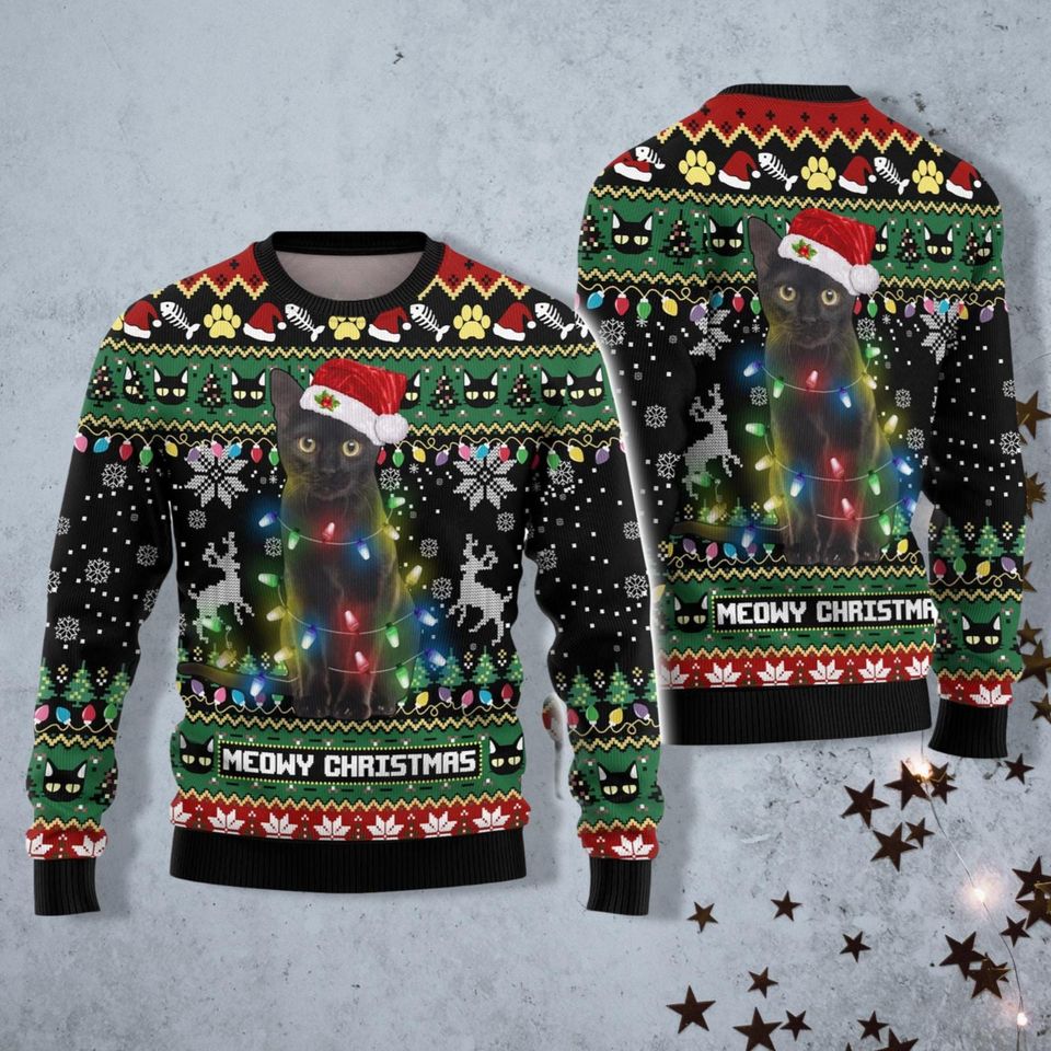 Christmas Black Cat Meowy Ugly Sweater, Cat Light Santa Hat Xmas