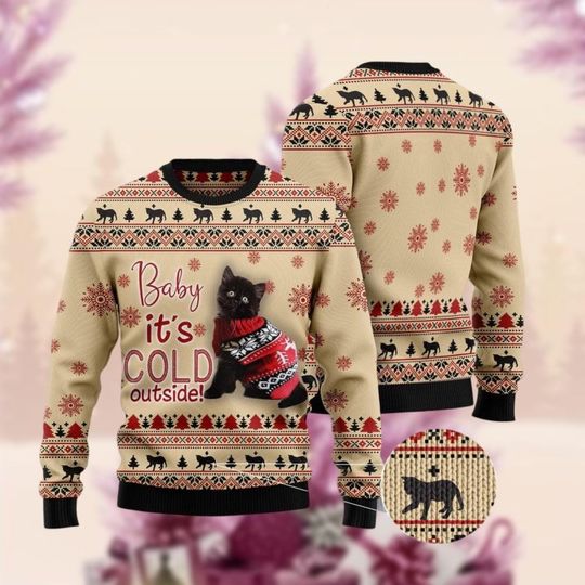 Christmas Black Cat Ugly Sweater, Cat Baby It's Cold Outside Xmas Ugly Sweatshirt - Image 7