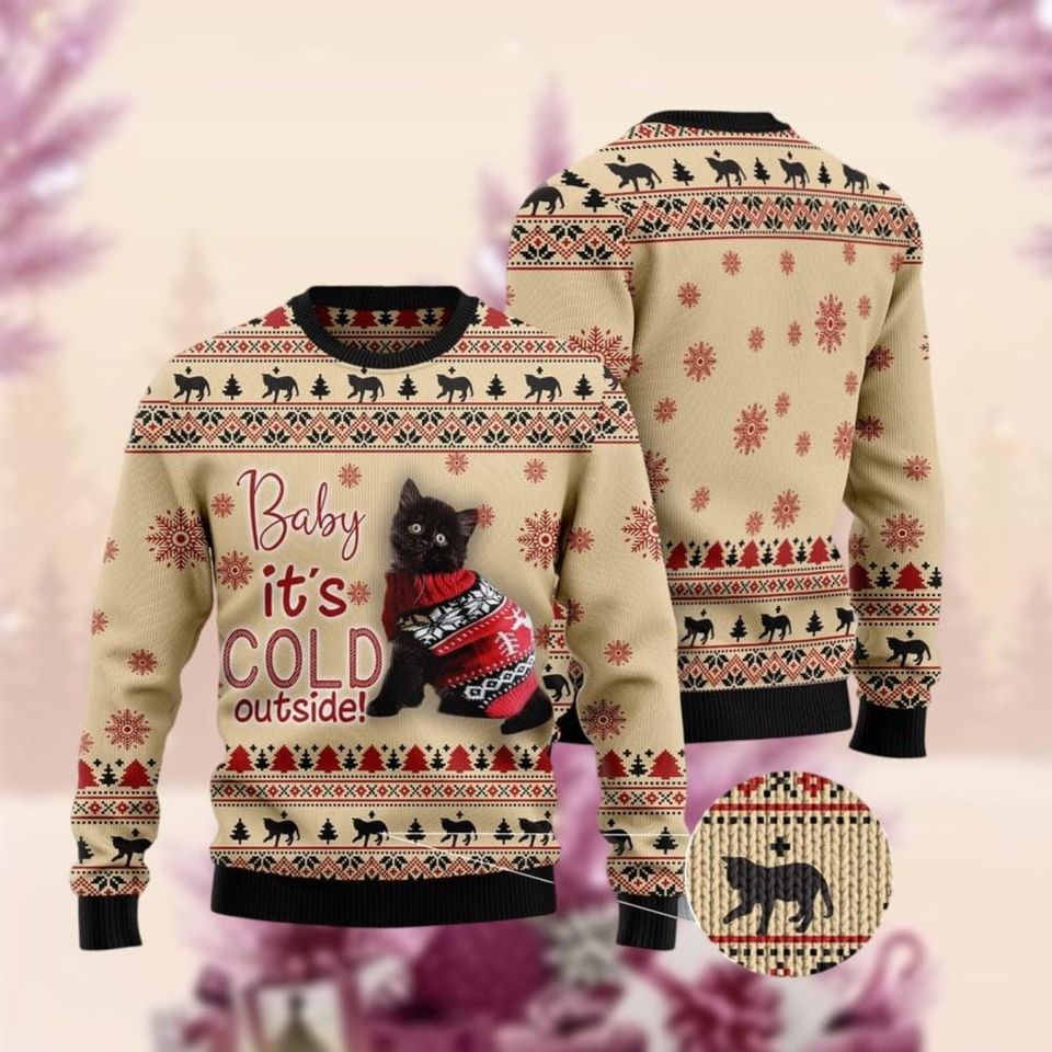 Christmas Black Cat Ugly Sweater, Cat Baby It's Cold Outside Xmas Ugly Sweatshirt - Image 2