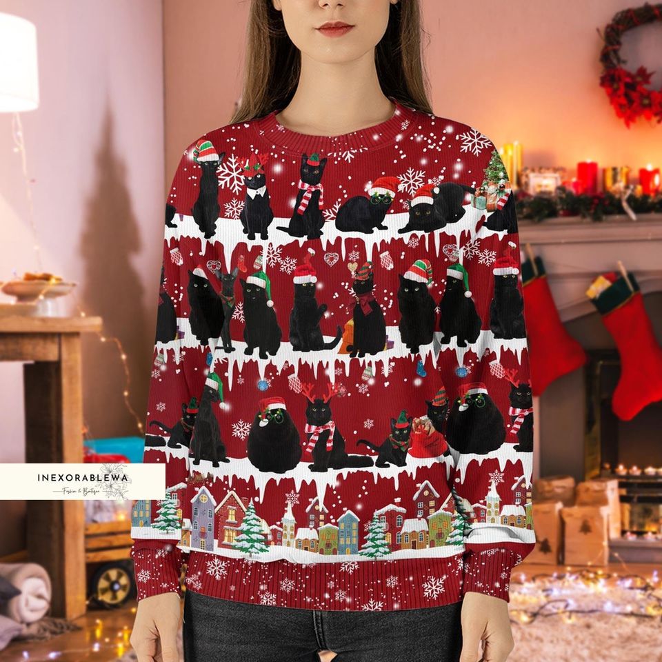 Christmas Black Cat Ugly Sweater, Cat Ugly Sweater