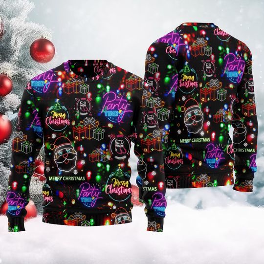Christmas Bright Neon Lighting Ugly Christmas Sweater, Santa Claus Neon Christmas Sweater, - Image 2