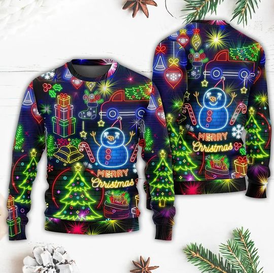Christmas Bright Neon Lighting Ugly Christmas Sweater, Xmas Sweatshirt - Image 2