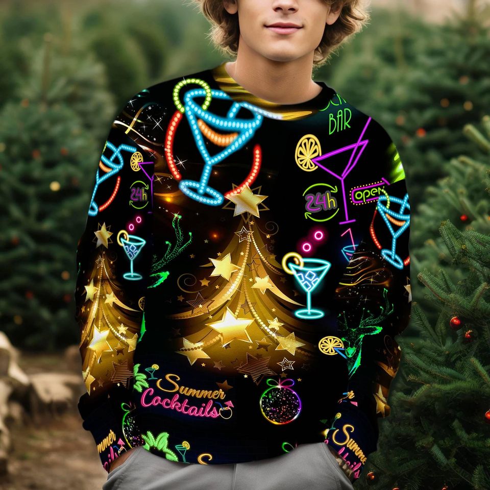 Christmas Bright Neon Lighting Ugly Christmas Sweatshirt,Reindeer Santa Claus Sweater - Image 3