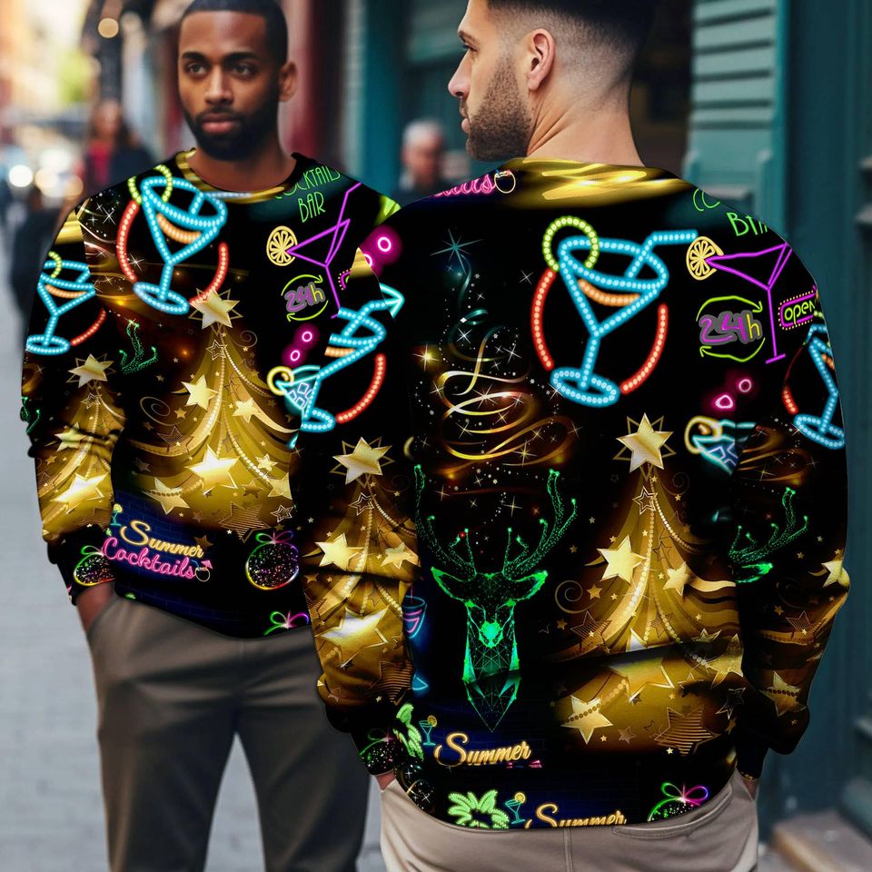 Christmas Bright Neon Lighting Ugly Christmas Sweatshirt,Reindeer Santa Claus Sweater