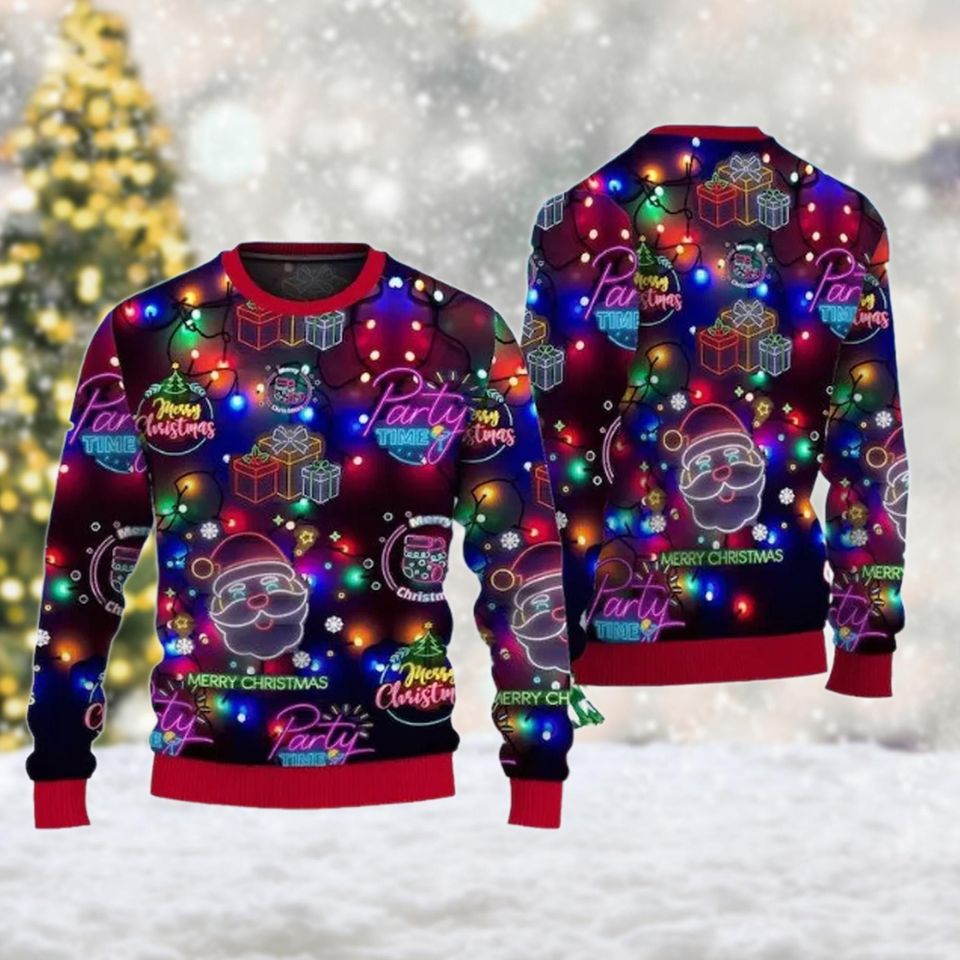 Christmas Bright Neon Lighting Ugly Sweater, Santa Claus Ugly Christmas Pattern - Image 2