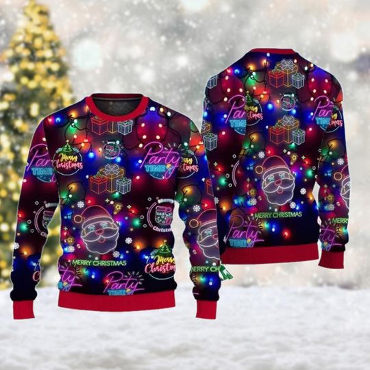 Christmas Bright Neon Lighting Ugly Sweater, Santa Claus Ugly Christmas Pattern - Image 7