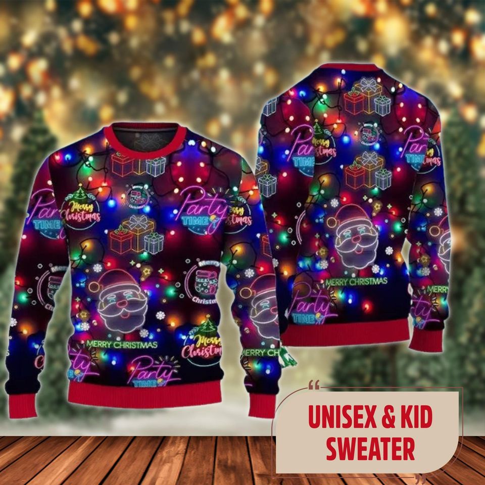 Christmas Bright Neon Lighting Ugly Sweater, Santa Claus Ugly Christmas Pattern - Image 3