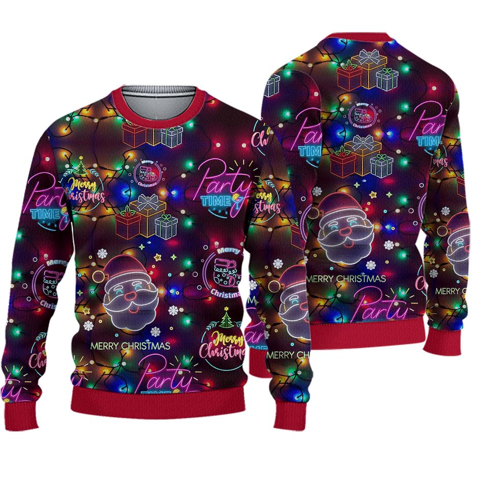 Christmas Bright Neon Lighting Ugly Sweater, Santa Claus Ugly Christmas Pattern