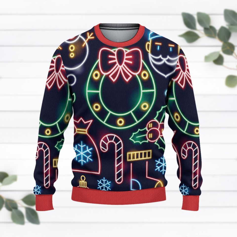 Christmas Bright Neon Lighting Ugly Sweater, Santa Neon Lighting