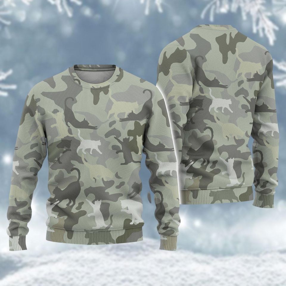 Christmas Cat Camo Ugly Sweater, Camouflage Christmas Sweater, Cat Lovers Holiday Sweater