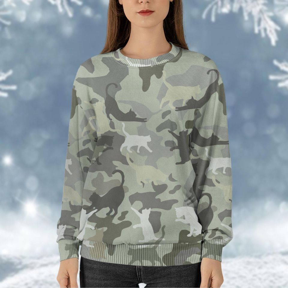 Christmas Cat Camo Ugly Sweater, Camouflage Christmas Sweater, Cat Lovers Holiday Sweater - Image 3
